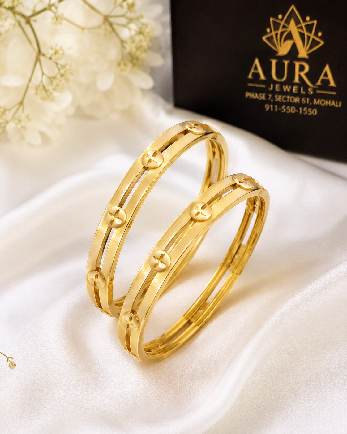 Dual-Rail Clover 1 Gram Gold Bangles (Pair)