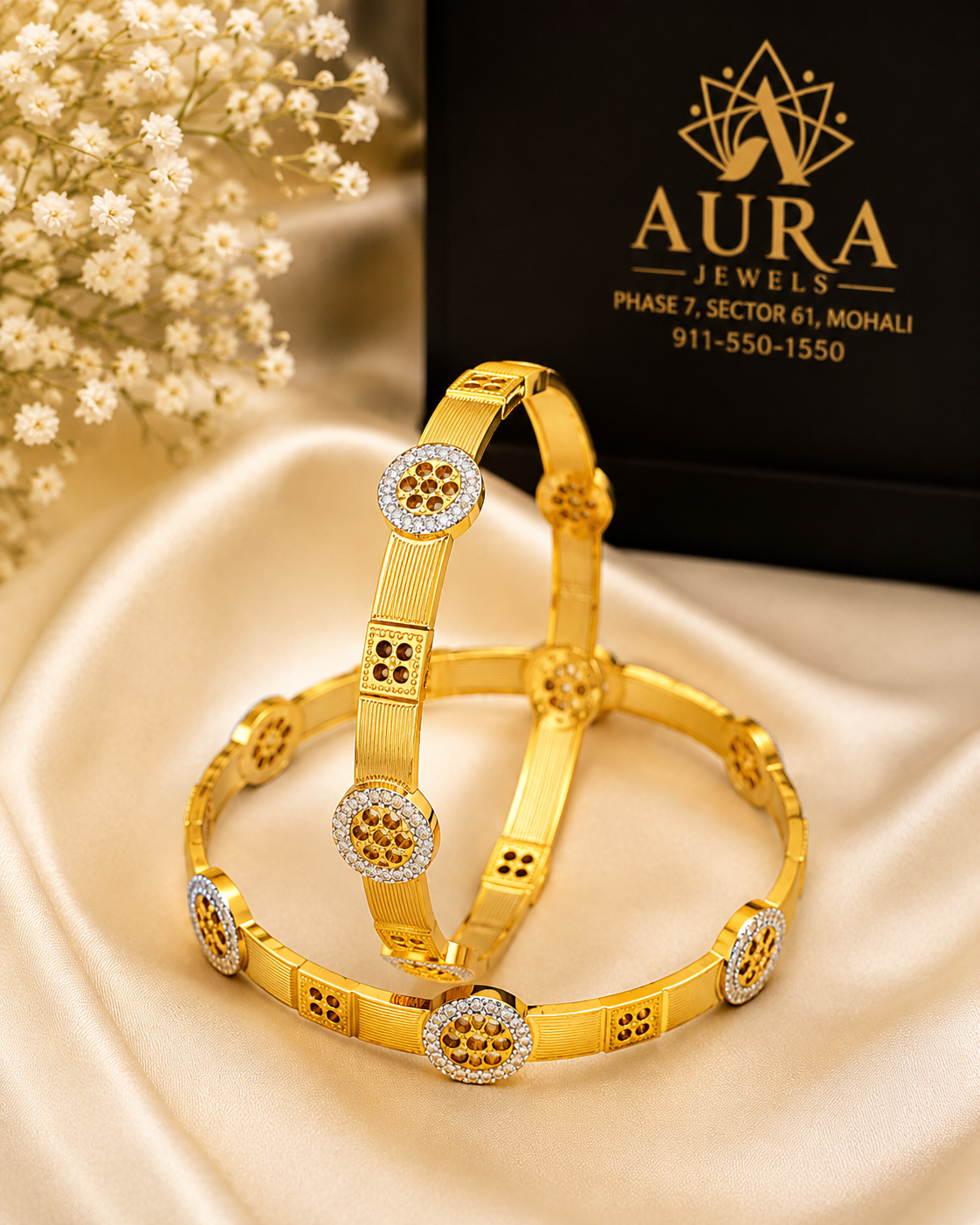 Geometric Floral 1 Gram Gold Designer Bangles (Pair)