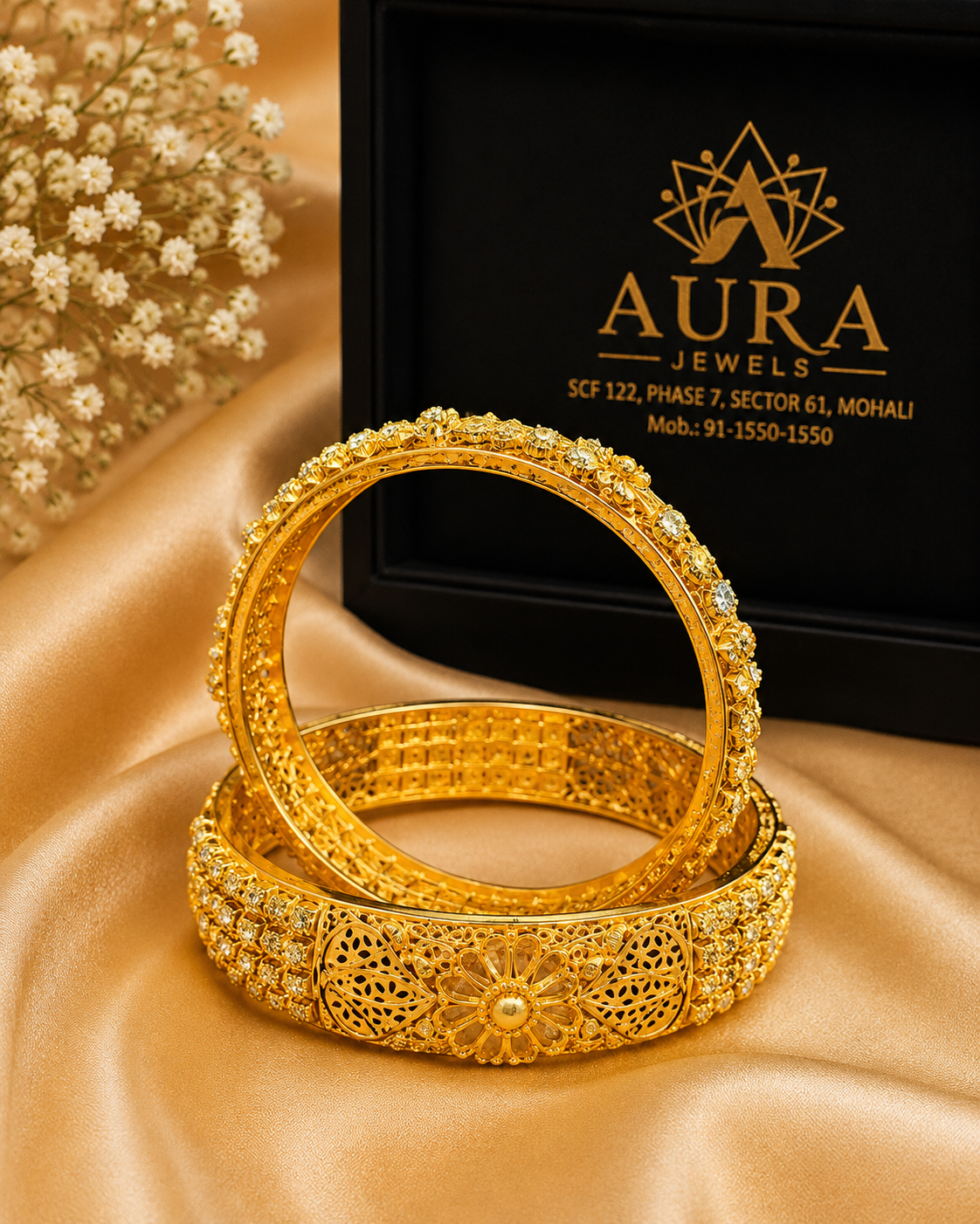 Majestic Floral Mandala 1 Gram Gold Broad Kada (Pair)