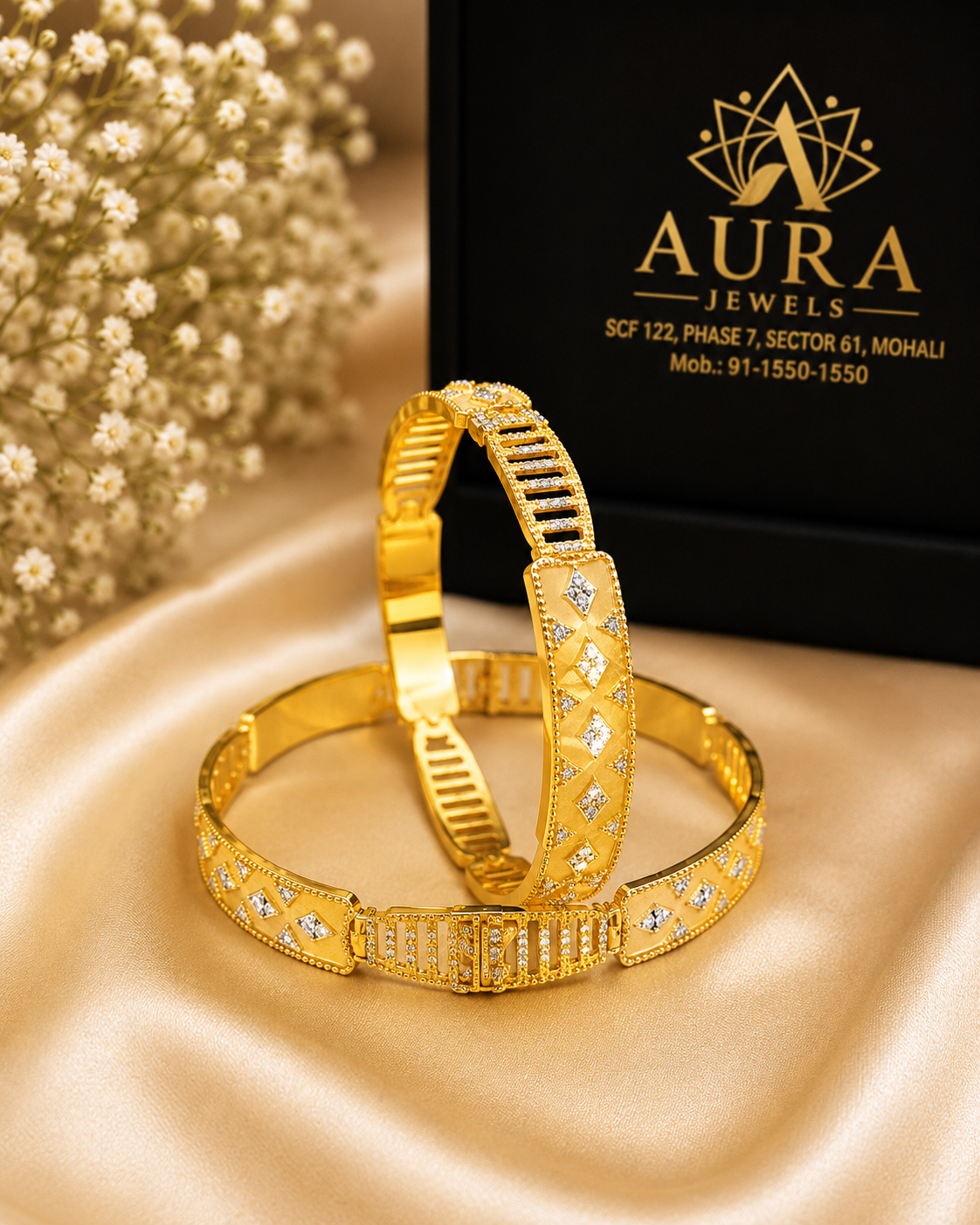 Contemporary Diamond-Pattern Paneled 1 Gram Gold Bangles (Pair)