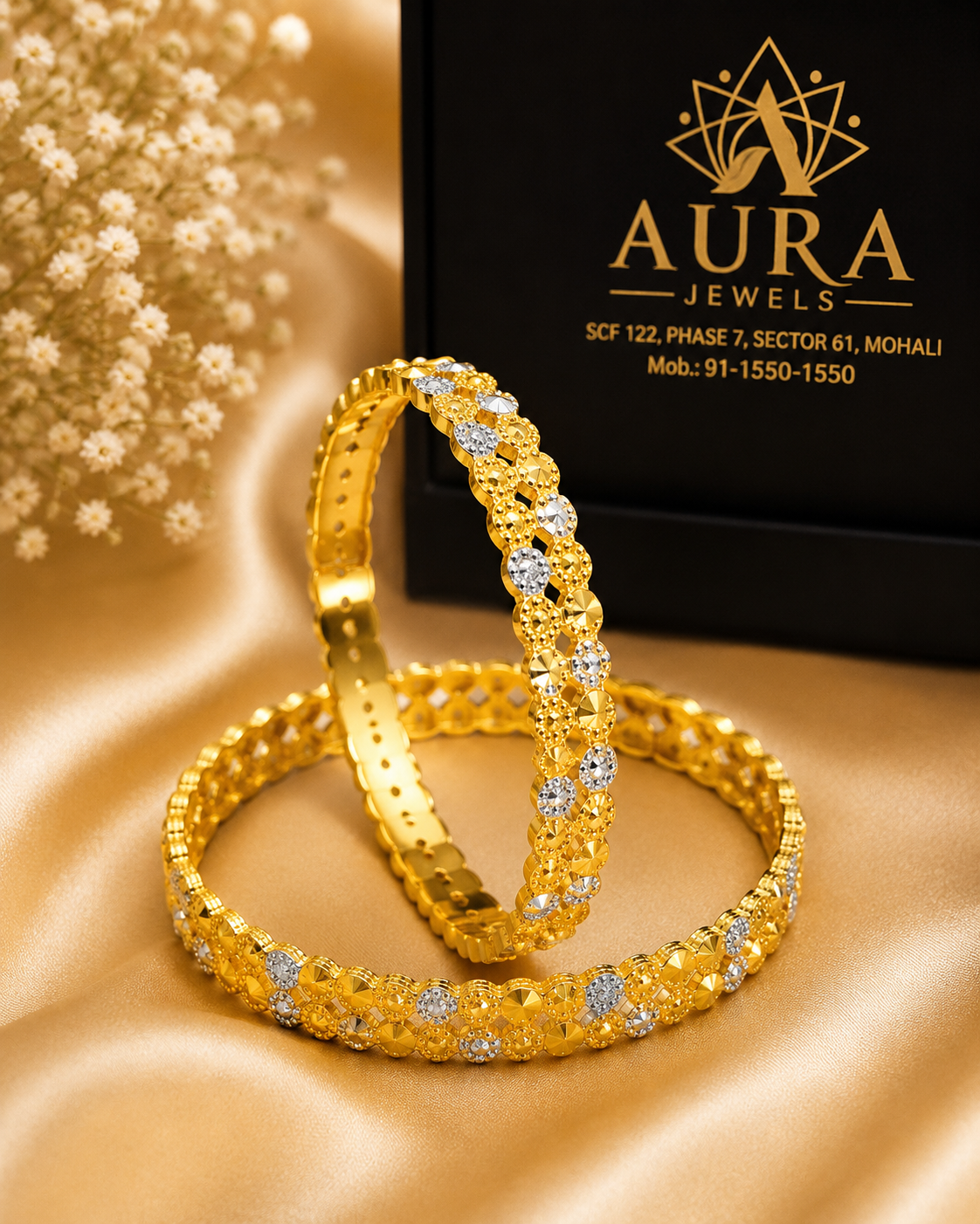 Interlocking Honeycomb Diamond-Cut 1 Gram Gold Bangles (Pair)
