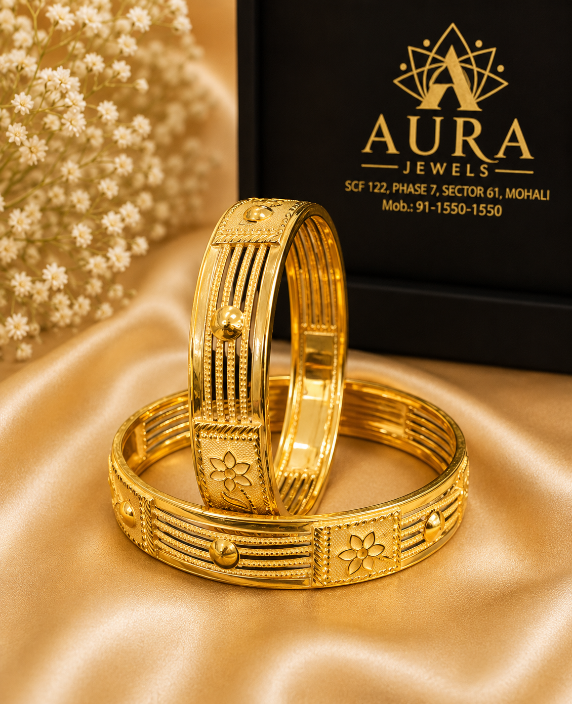 Multi-Strand Floral Paneled 1 Gram Gold Broad Kada (Pair)