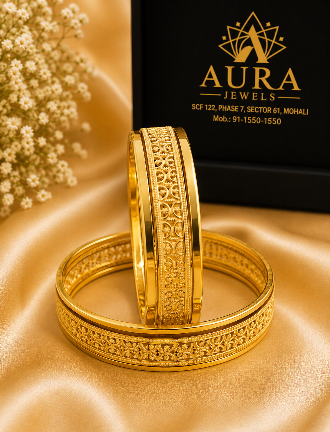 Filigree Mesh Inset 1 Gram Gold Sleek Kada (Pair)