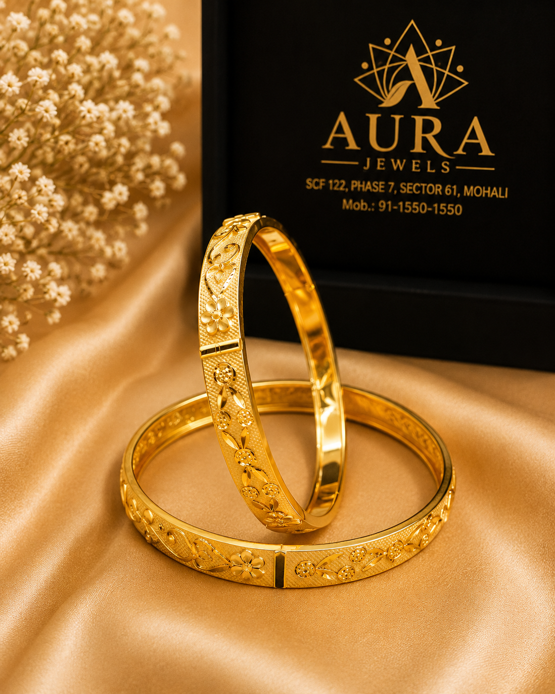 Floral Vine Embossed 1 Gram Gold Slim Kada (Pair)