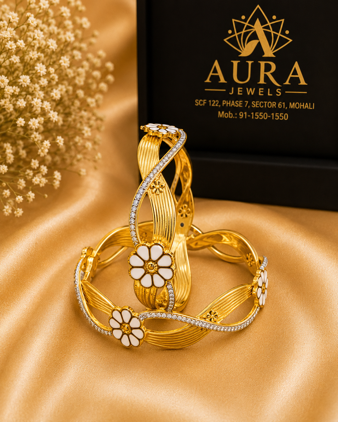 Twisted Wave White Enamel Floral 1 Gram Gold Bangles (Pair)