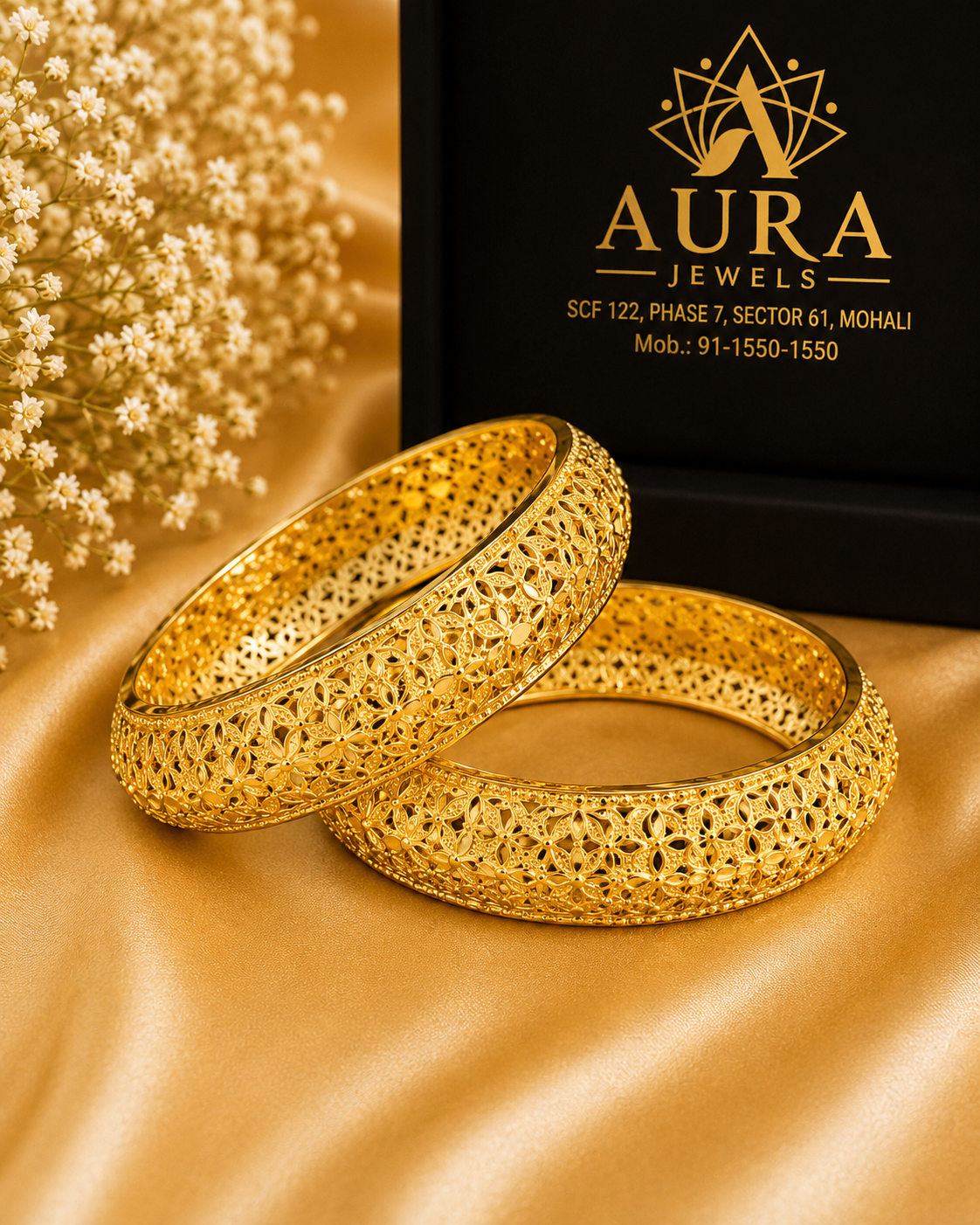 Traditional Floral Jaali 1 Gram Gold Broad Kada (Pair)