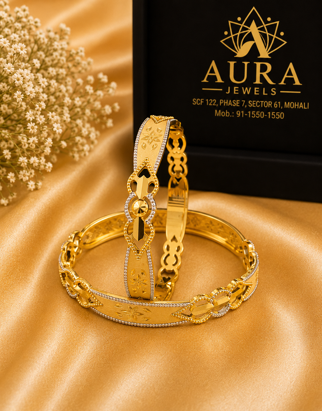 Royal Floral Embossed Two-Tone 1 Gram Gold Bangles (Pair)
