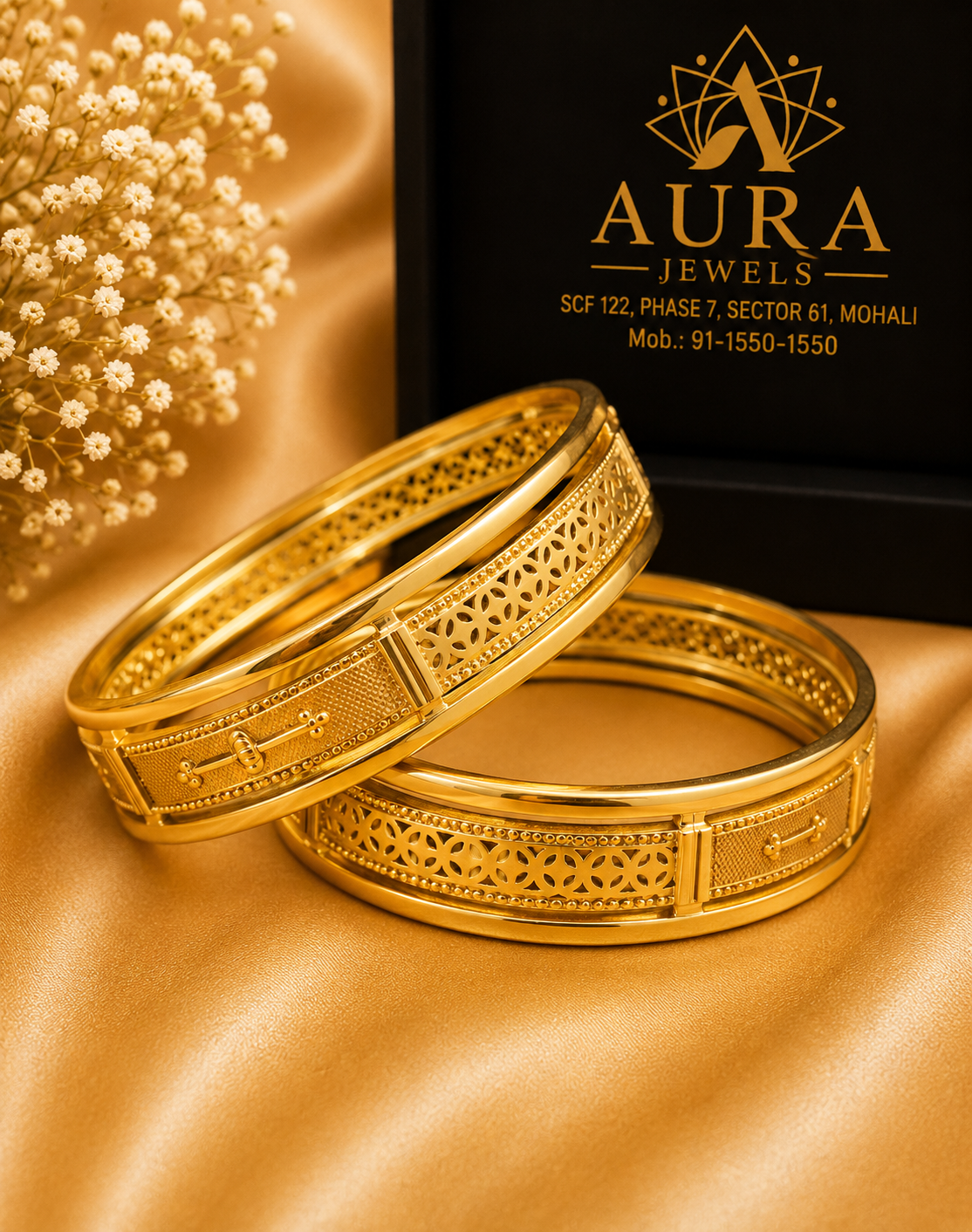 Geometric Lattice Paneled 1 Gram Gold Broad Kada (Pair)