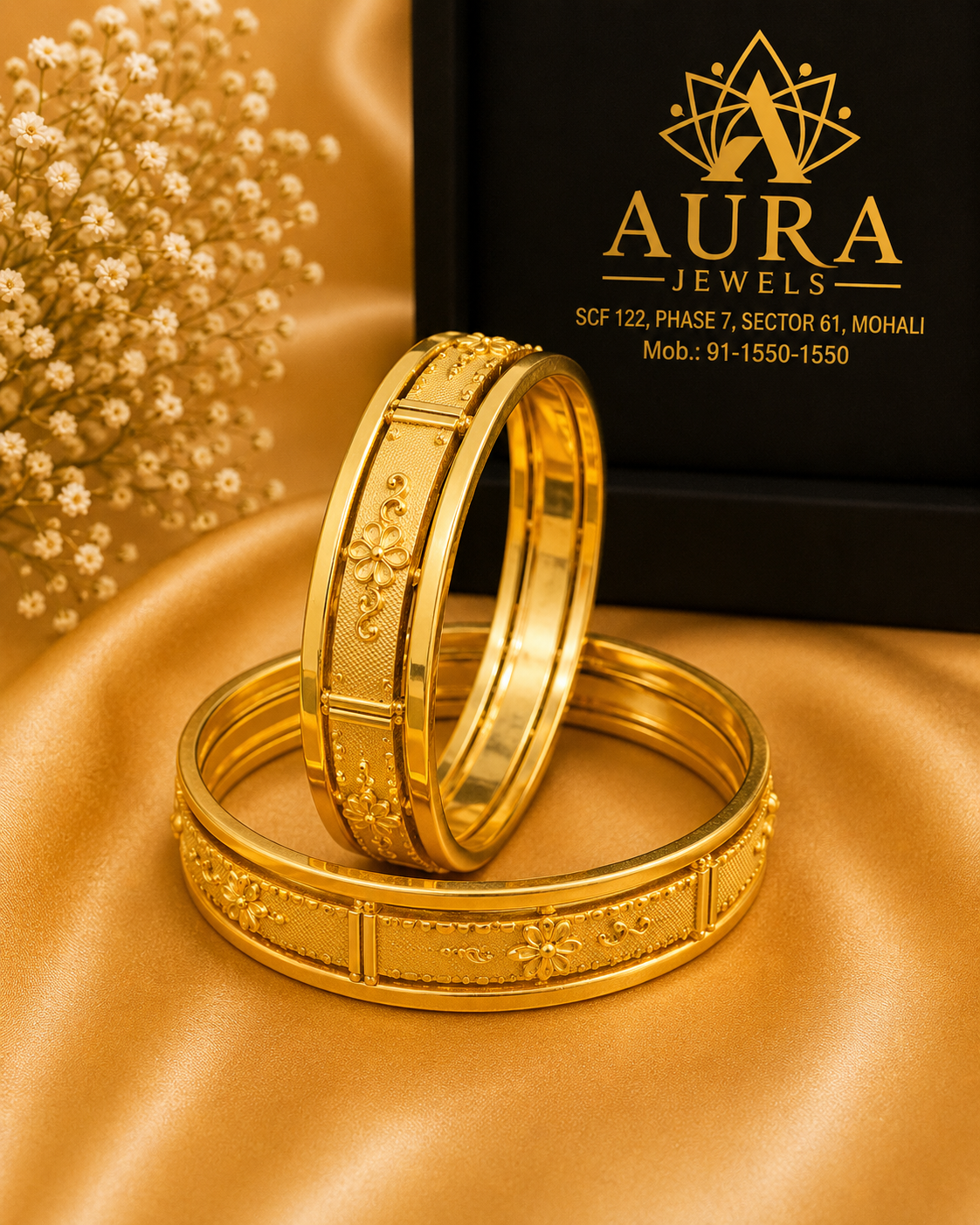 Embossed Floral Paneled 1 Gram Gold Sleek Kada (Pair)